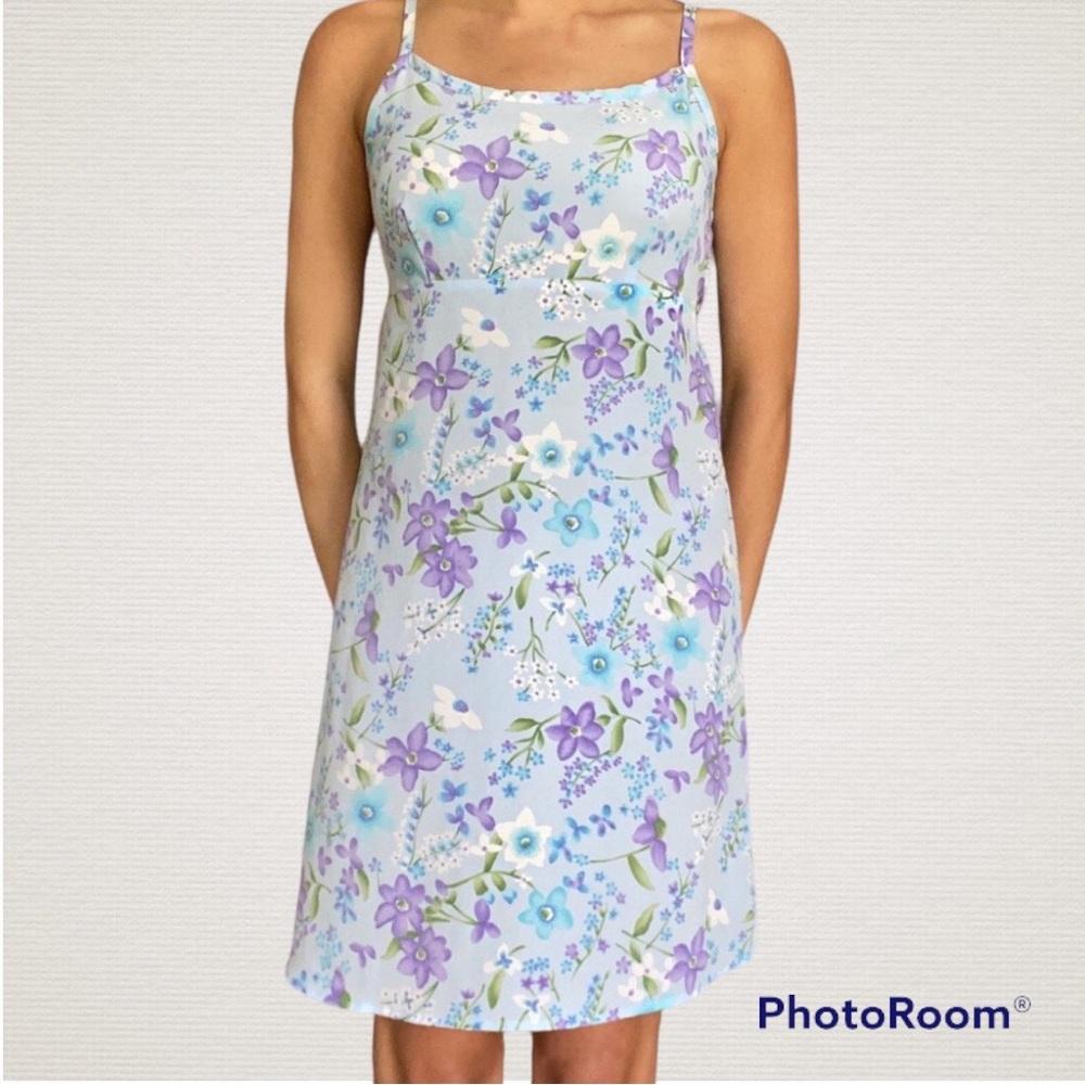 Early 2000s Vintage Light Blue Ditsy Floral Print Purple Tie Back Summer Dress
